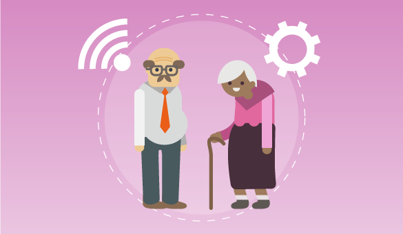 Illustration två äldre personer med uppkoppling och kugghjul