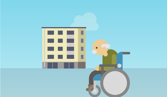 Illustration äldre person i rullstol framför ett bostadshus