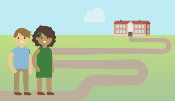 Illustration två barn med lång väg till skolan