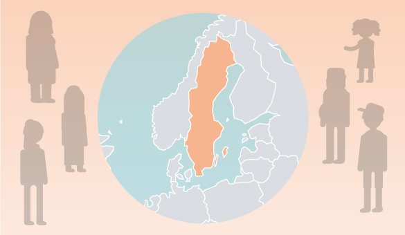 Karta med Sverige markerat och personer runt omkring