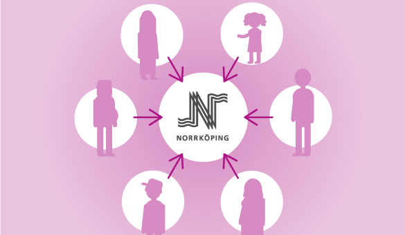 Illustration Norrköpings kommuns logotyp och personer med pilar