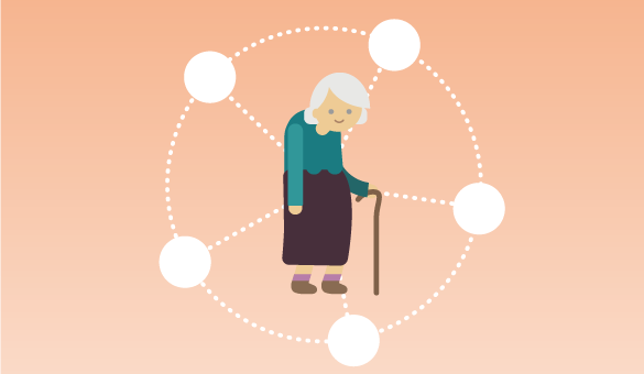 Illustration äldre person med streck runt omkring (symbolisera samverkan runt en person)