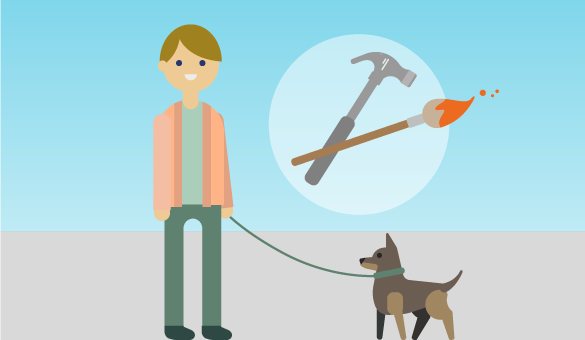 Illustration en person med hund samt en hammare och en pensel